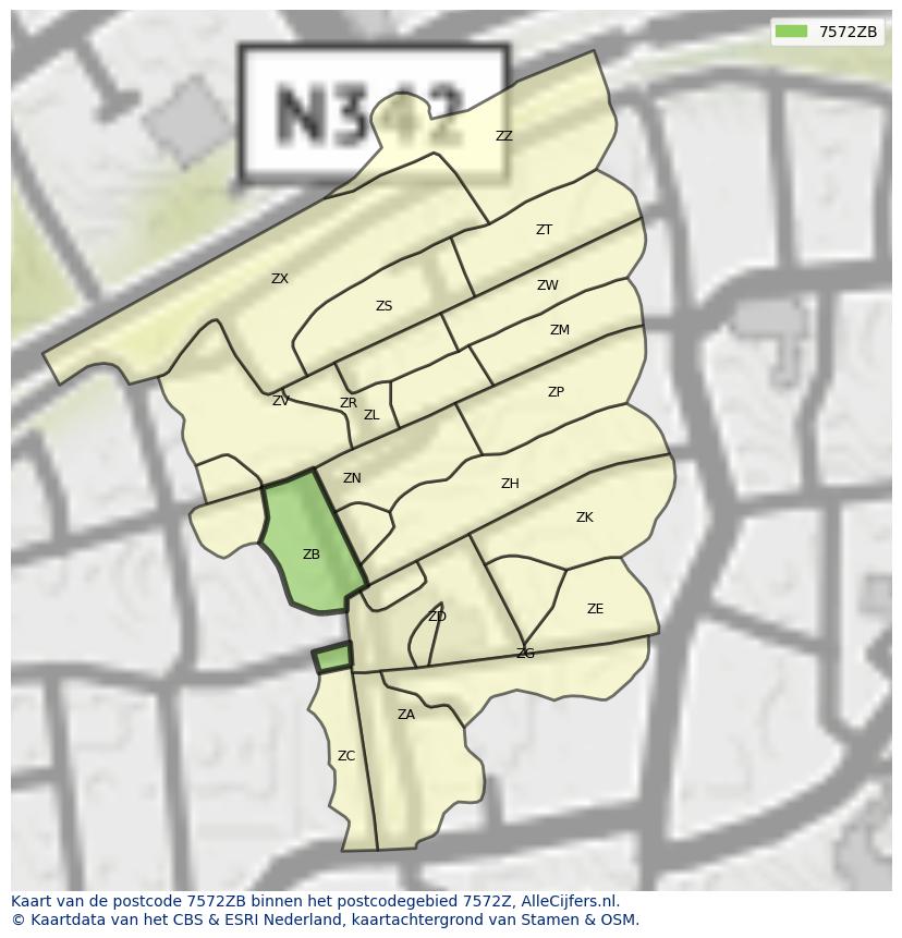 Afbeelding van het postcodegebied 7572 ZB op de kaart.