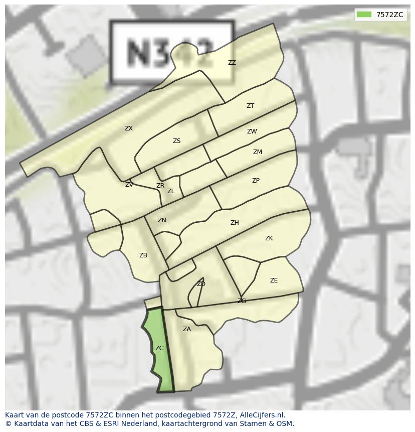 Afbeelding van het postcodegebied 7572 ZC op de kaart.