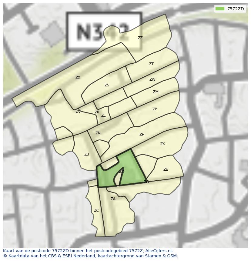 Afbeelding van het postcodegebied 7572 ZD op de kaart.