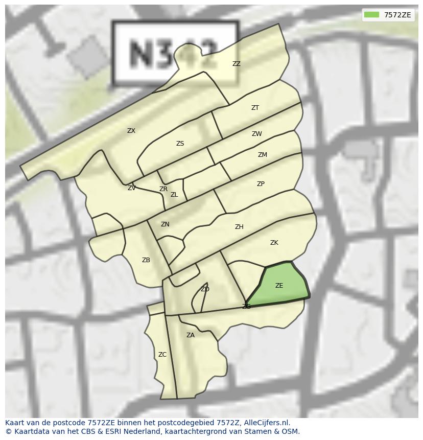Afbeelding van het postcodegebied 7572 ZE op de kaart.