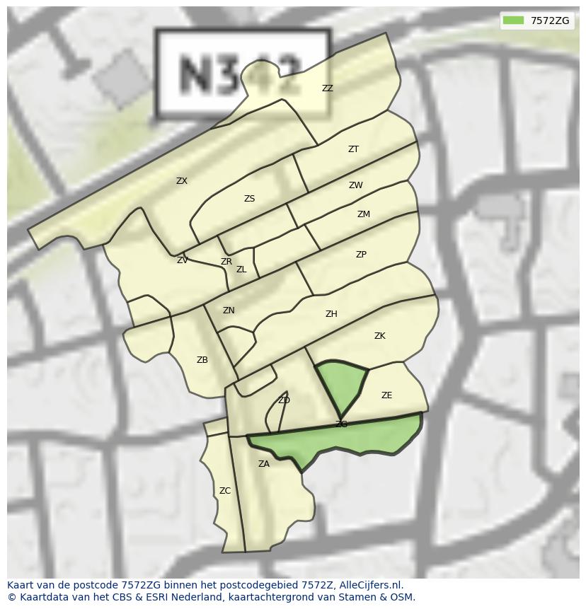 Afbeelding van het postcodegebied 7572 ZG op de kaart.