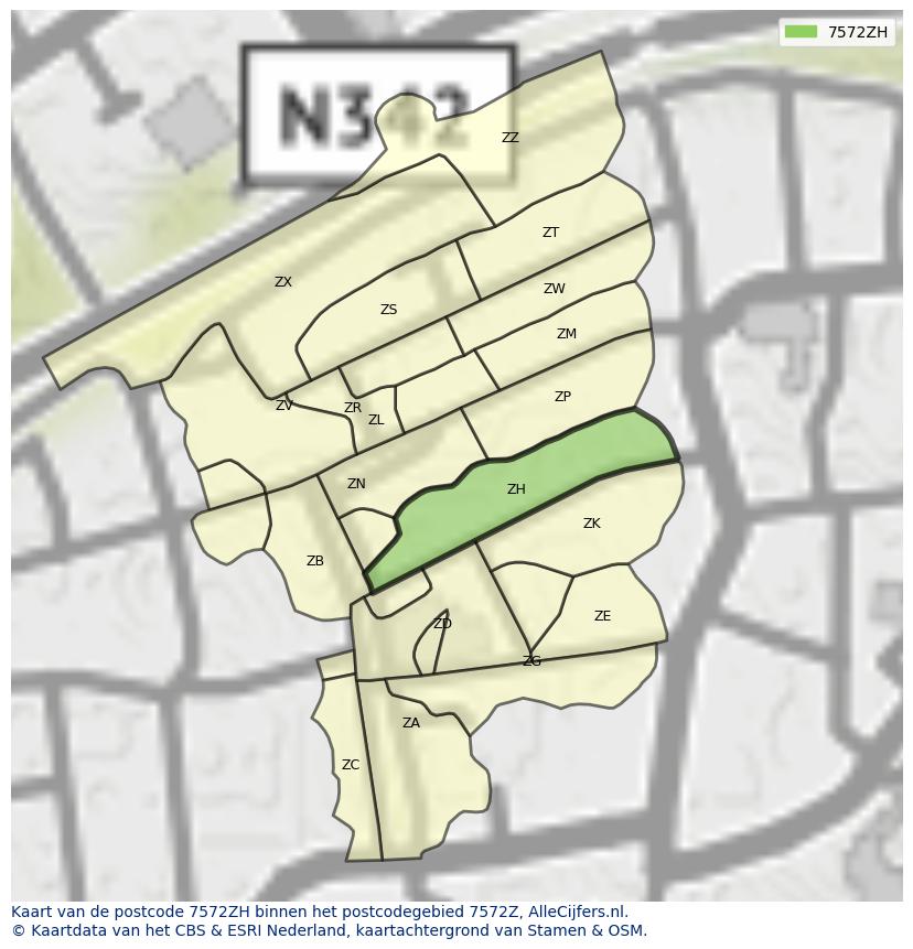 Afbeelding van het postcodegebied 7572 ZH op de kaart.