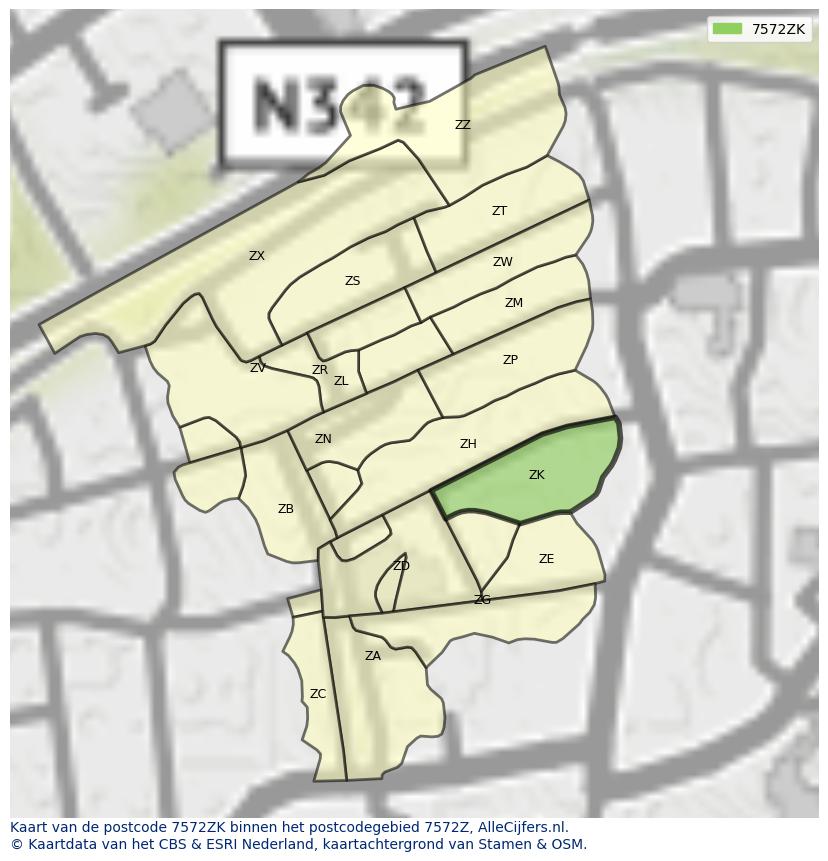 Afbeelding van het postcodegebied 7572 ZK op de kaart.