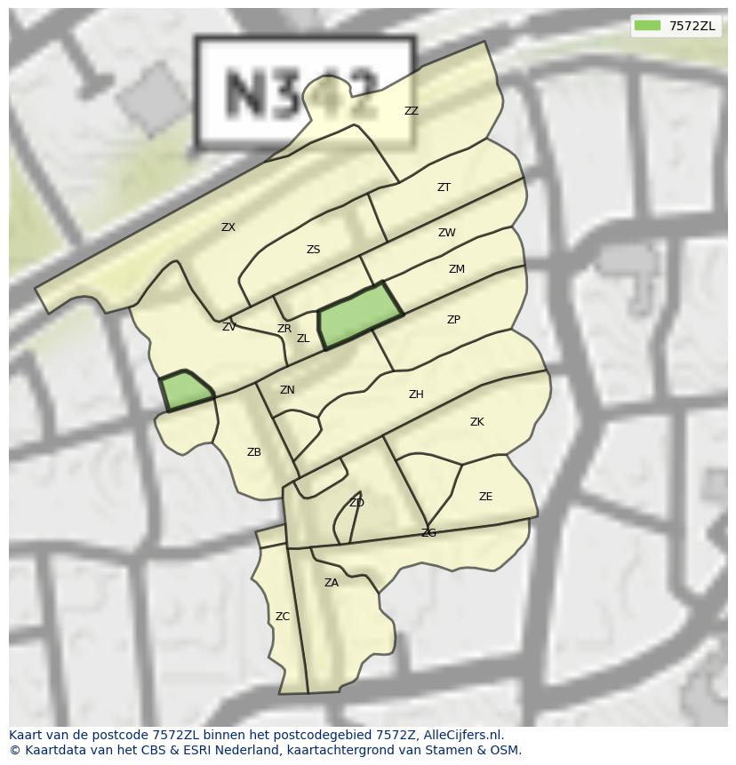 Afbeelding van het postcodegebied 7572 ZL op de kaart.