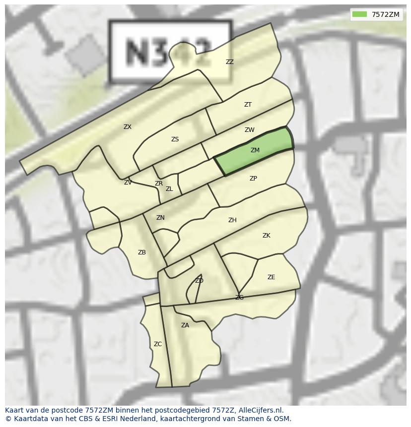 Afbeelding van het postcodegebied 7572 ZM op de kaart.