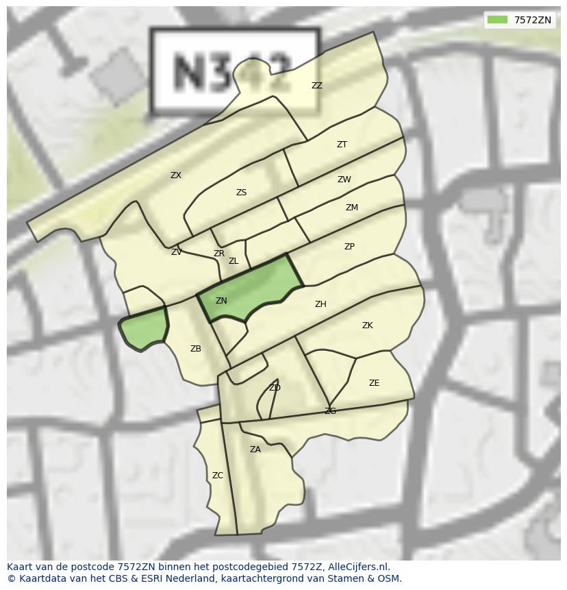 Afbeelding van het postcodegebied 7572 ZN op de kaart.