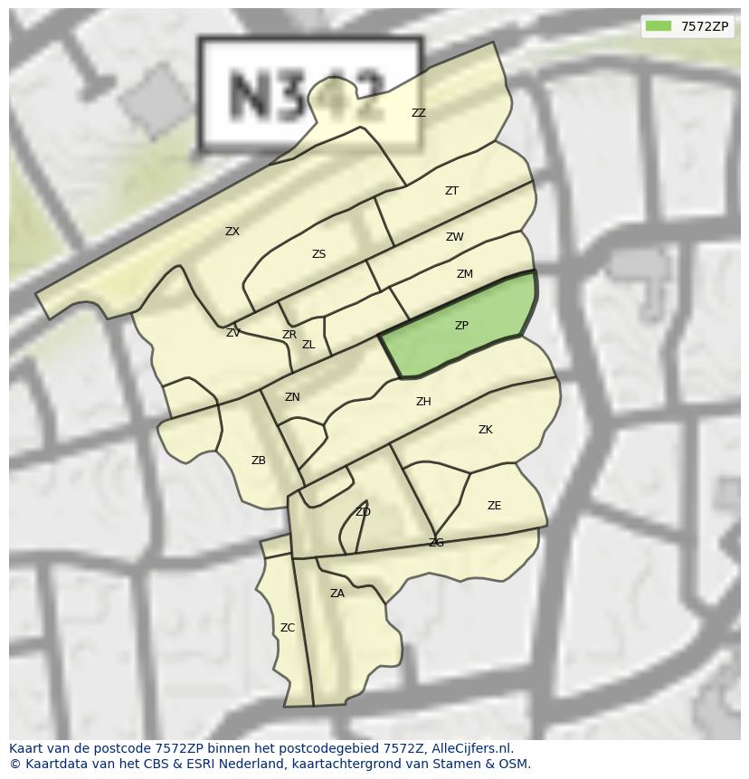Afbeelding van het postcodegebied 7572 ZP op de kaart.