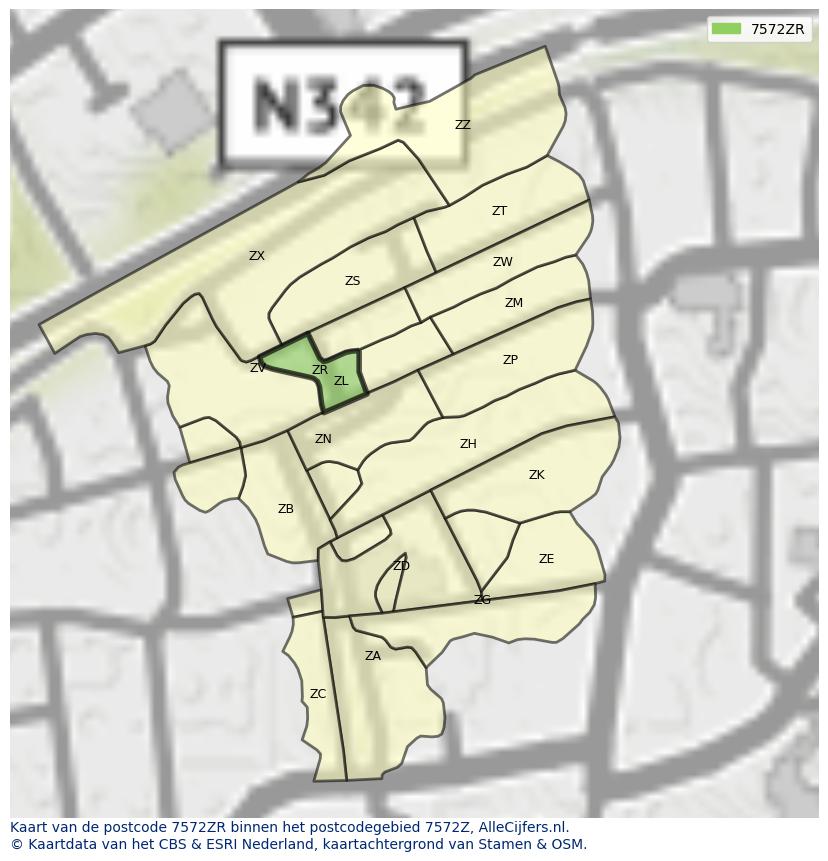 Afbeelding van het postcodegebied 7572 ZR op de kaart.