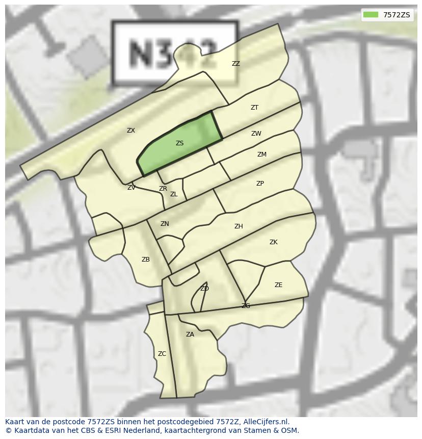 Afbeelding van het postcodegebied 7572 ZS op de kaart.