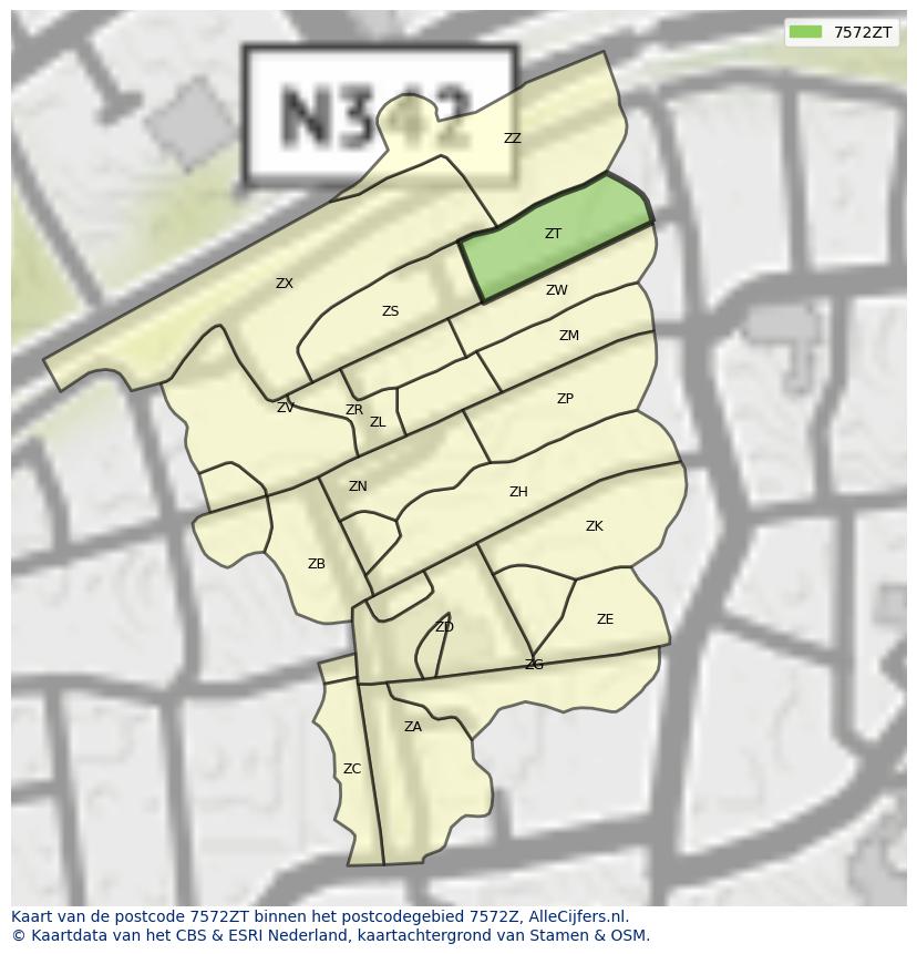 Afbeelding van het postcodegebied 7572 ZT op de kaart.