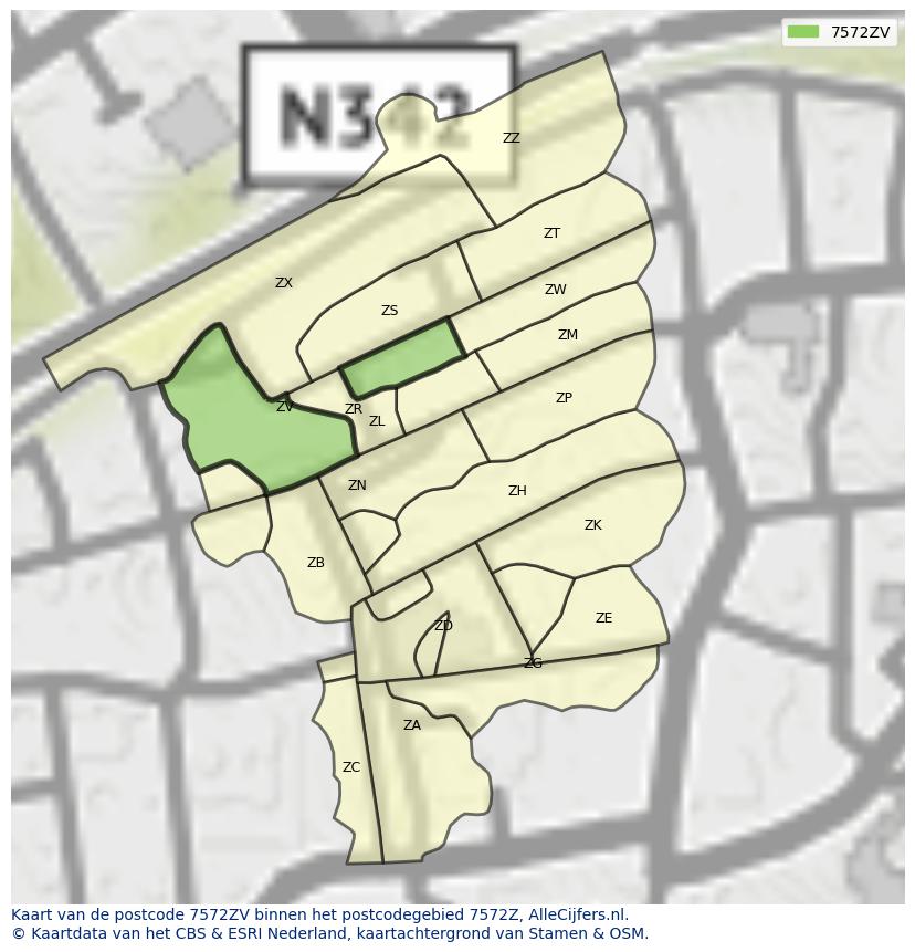 Afbeelding van het postcodegebied 7572 ZV op de kaart.