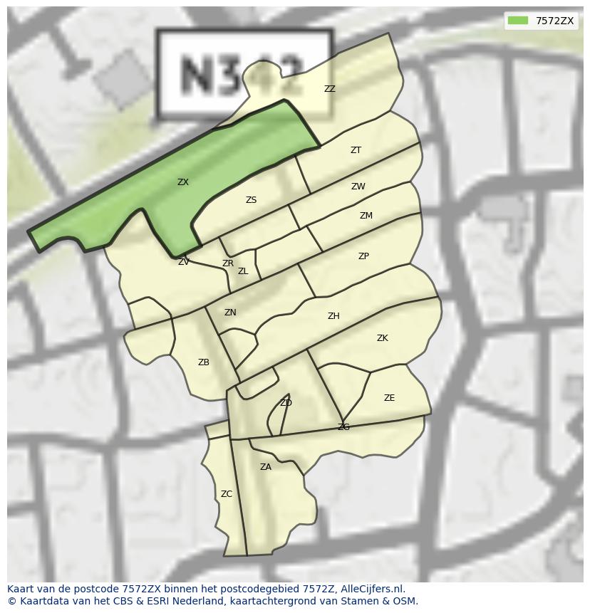 Afbeelding van het postcodegebied 7572 ZX op de kaart.