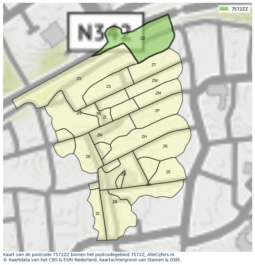 Afbeelding van het postcodegebied 7572 ZZ op de kaart.