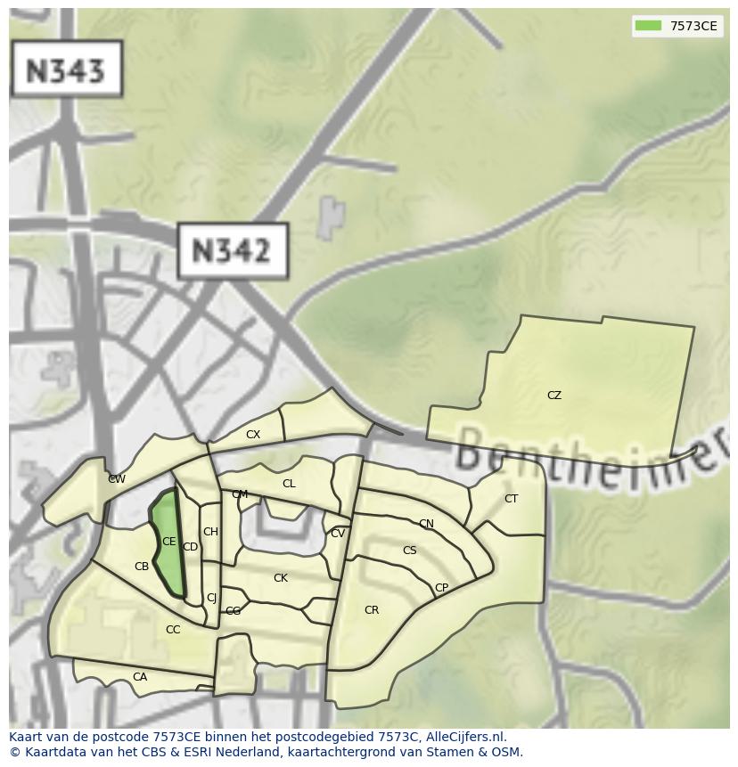 Afbeelding van het postcodegebied 7573 CE op de kaart.