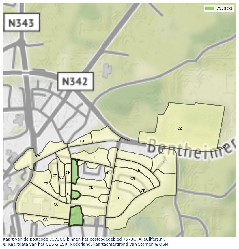 Afbeelding van het postcodegebied 7573 CG op de kaart.