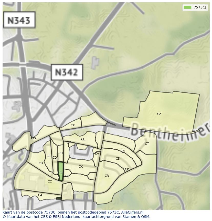 Afbeelding van het postcodegebied 7573 CJ op de kaart.
