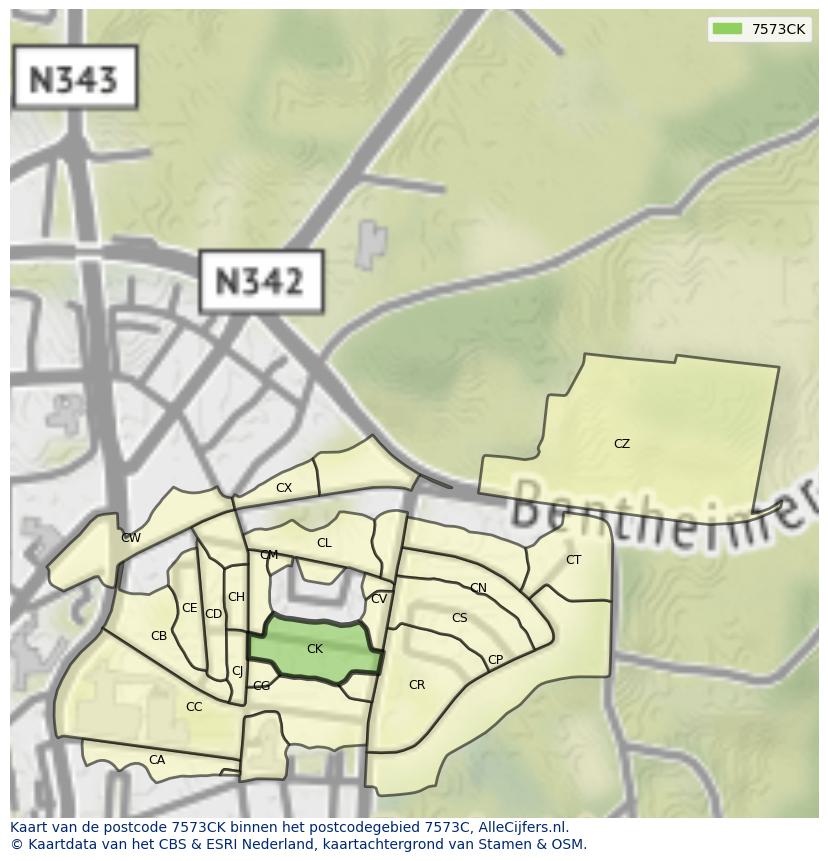 Afbeelding van het postcodegebied 7573 CK op de kaart.