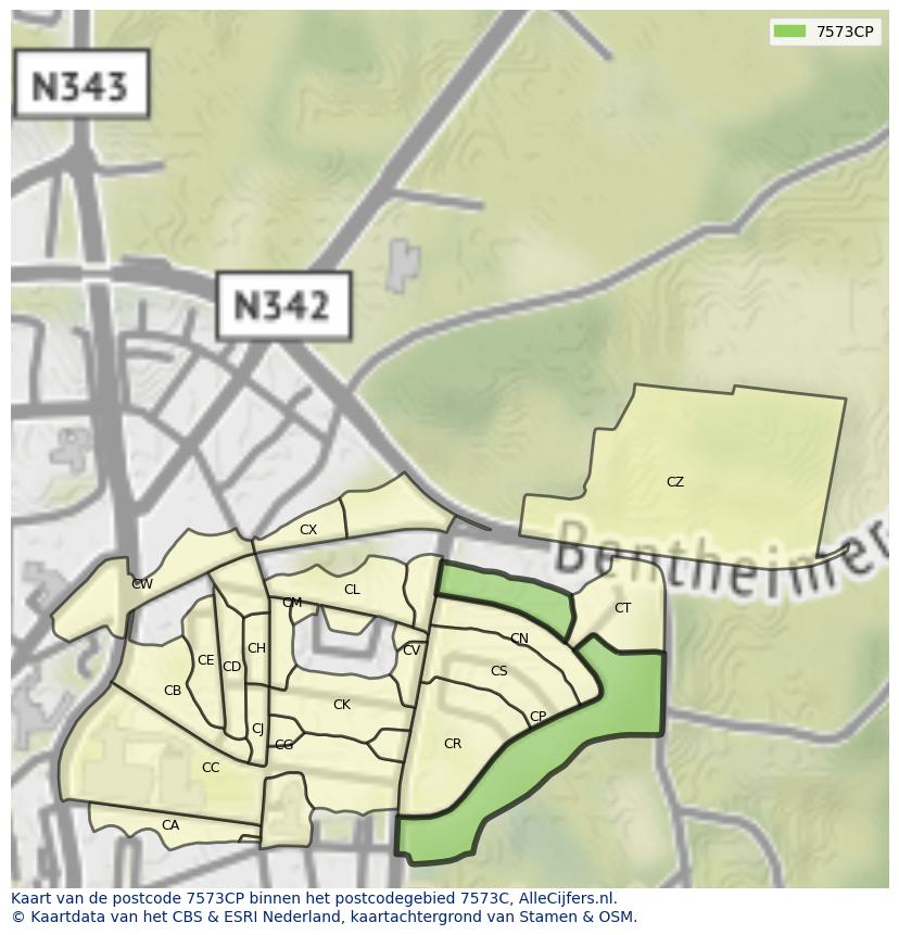 Afbeelding van het postcodegebied 7573 CP op de kaart.
