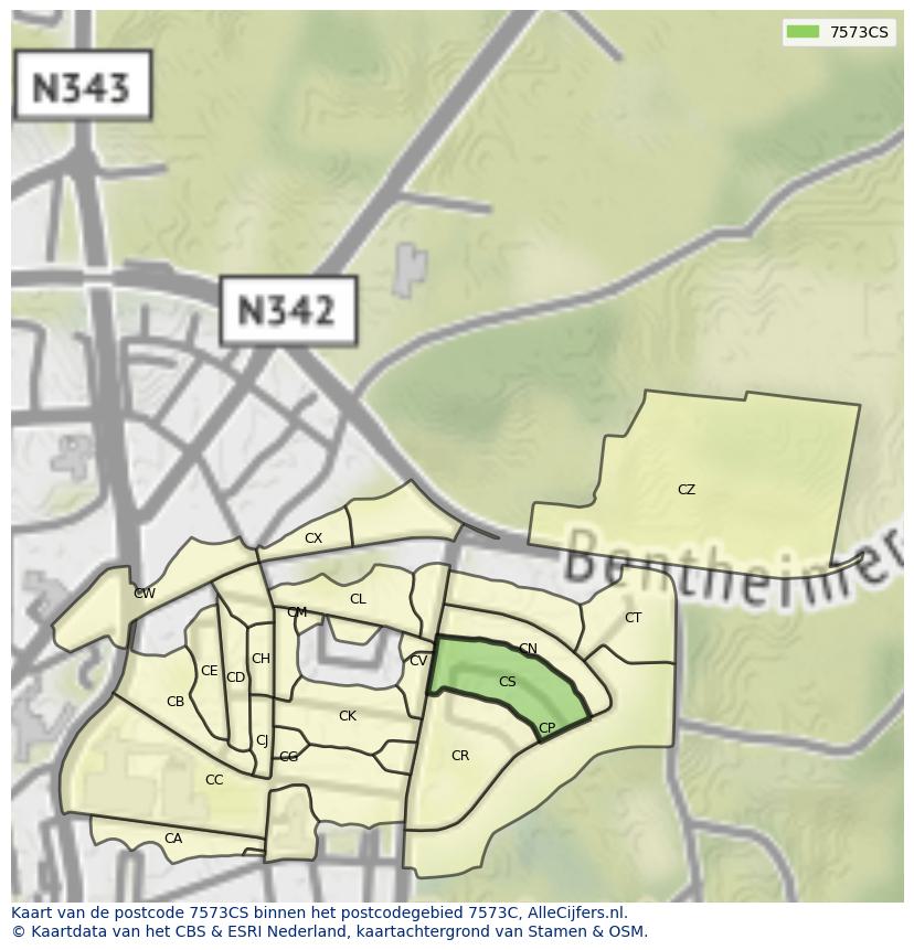 Afbeelding van het postcodegebied 7573 CS op de kaart.