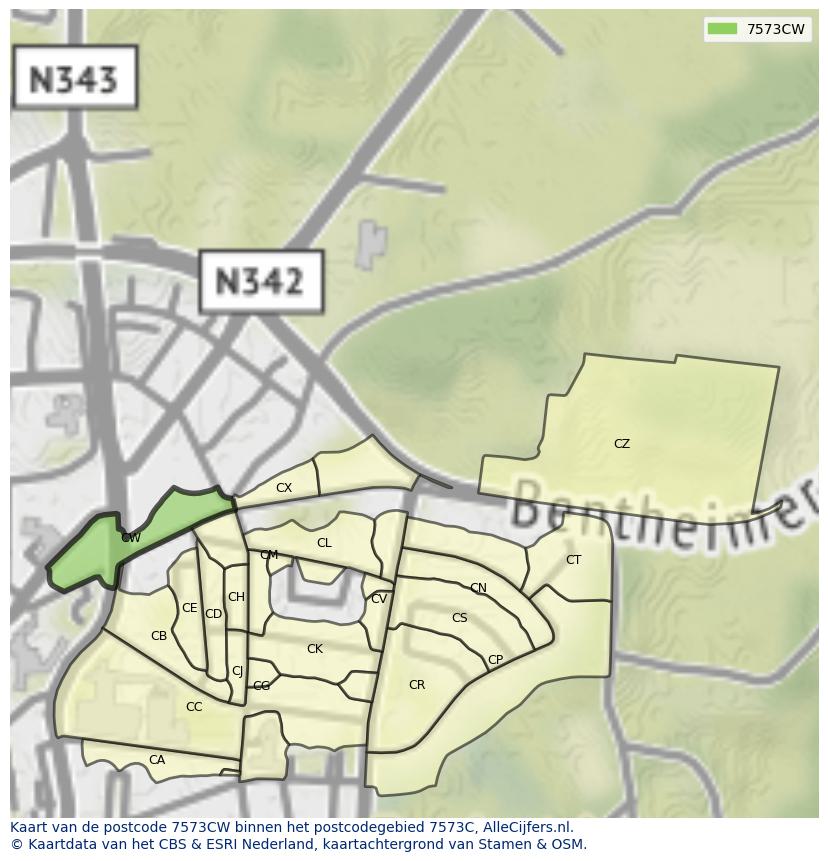 Afbeelding van het postcodegebied 7573 CW op de kaart.