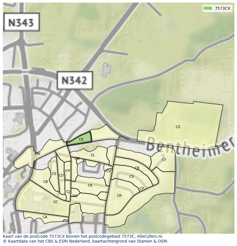 Afbeelding van het postcodegebied 7573 CX op de kaart.