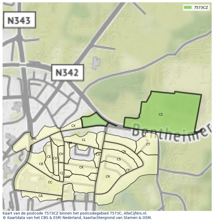 Afbeelding van het postcodegebied 7573 CZ op de kaart.