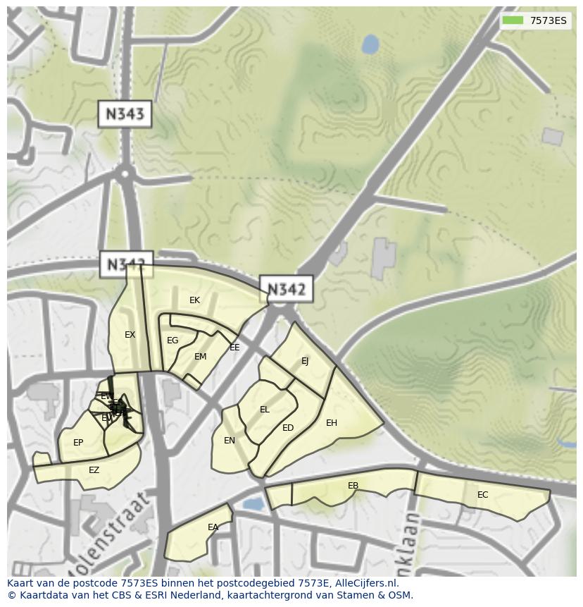 Afbeelding van het postcodegebied 7573 ES op de kaart.