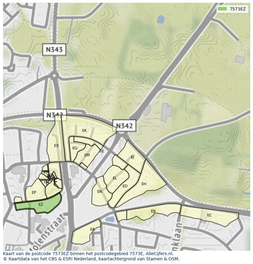 Afbeelding van het postcodegebied 7573 EZ op de kaart.