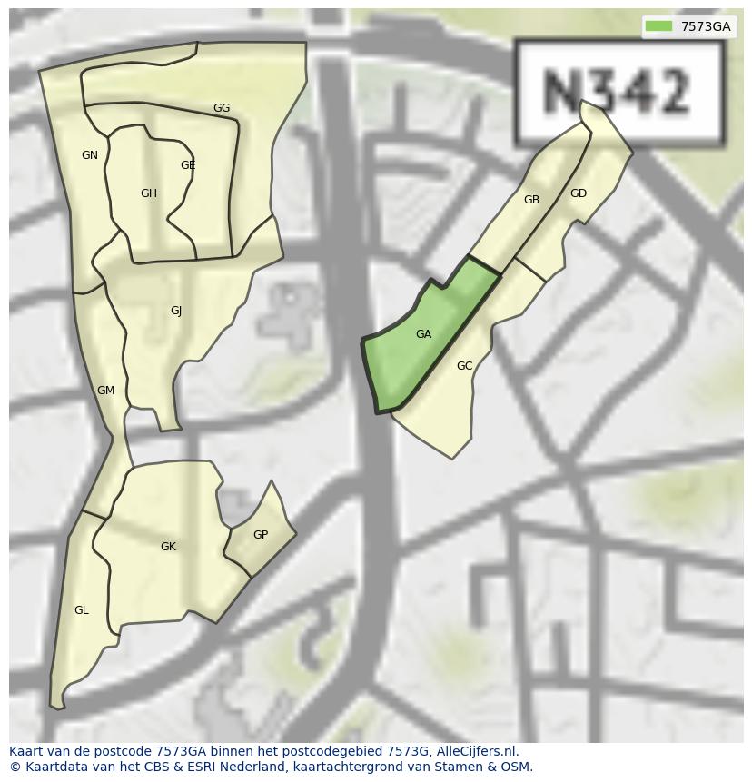 Afbeelding van het postcodegebied 7573 GA op de kaart.