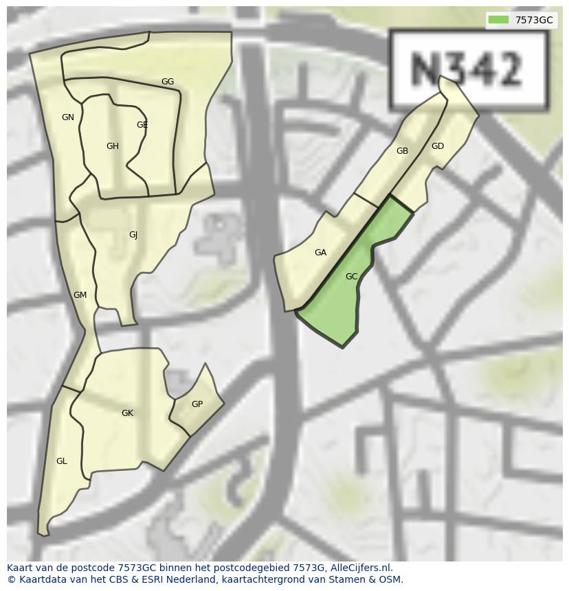 Afbeelding van het postcodegebied 7573 GC op de kaart.