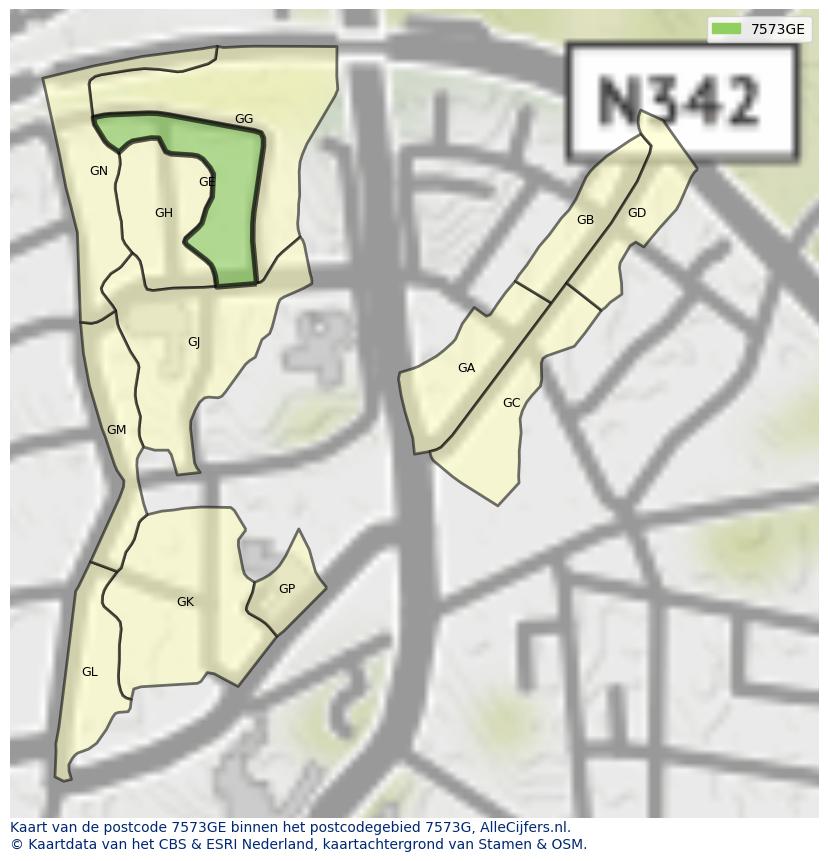 Afbeelding van het postcodegebied 7573 GE op de kaart.