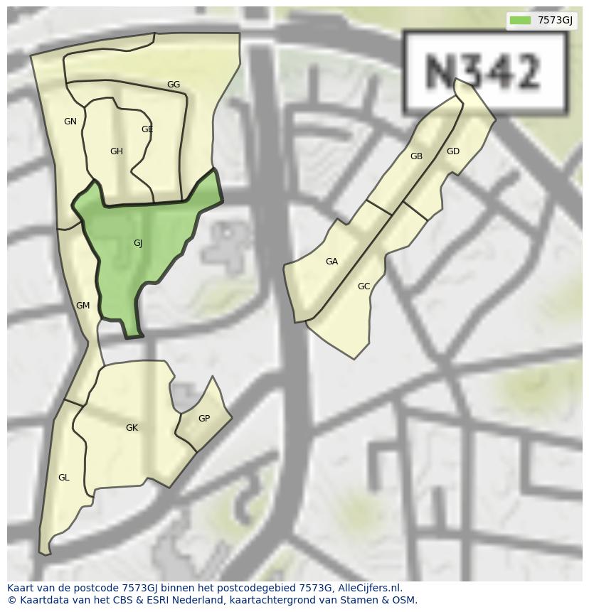 Afbeelding van het postcodegebied 7573 GJ op de kaart.