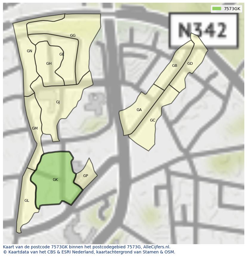 Afbeelding van het postcodegebied 7573 GK op de kaart.