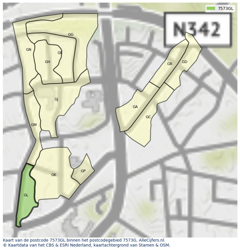 Afbeelding van het postcodegebied 7573 GL op de kaart.
