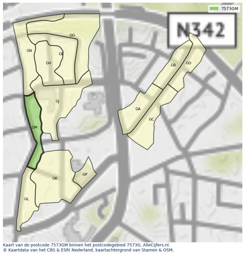 Afbeelding van het postcodegebied 7573 GM op de kaart.