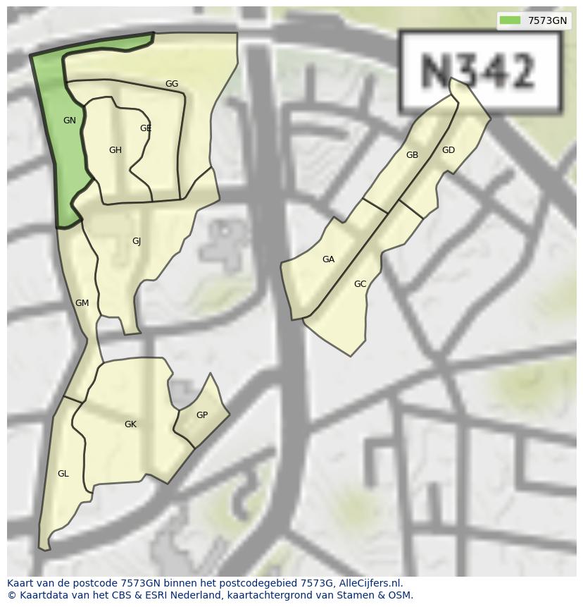 Afbeelding van het postcodegebied 7573 GN op de kaart.