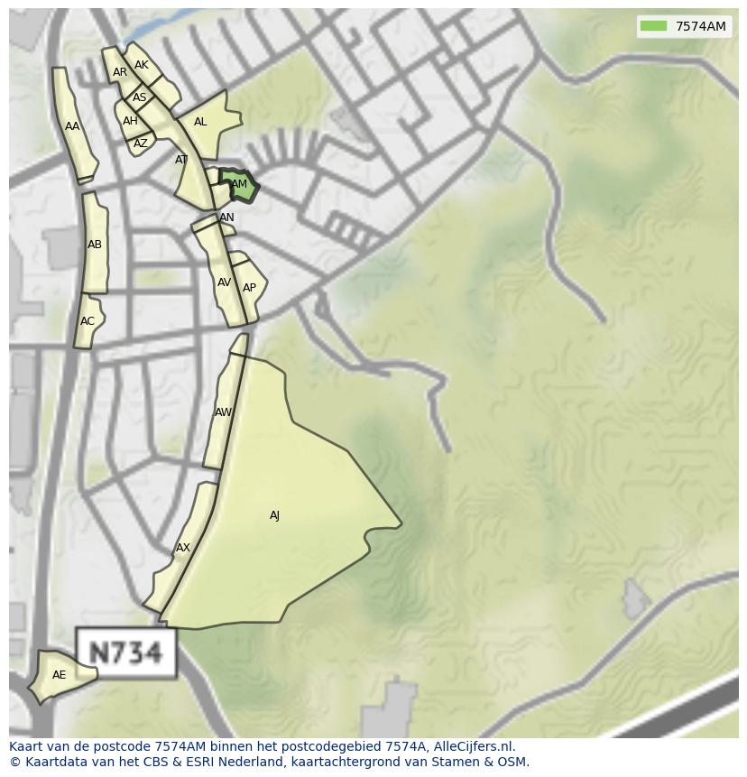 Afbeelding van het postcodegebied 7574 AM op de kaart.