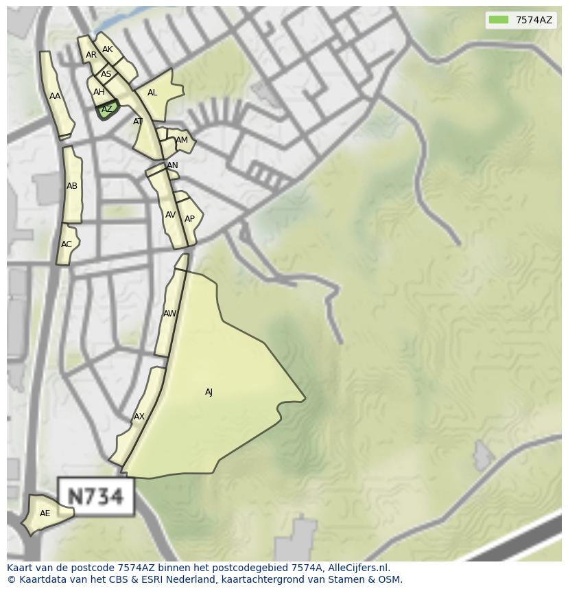 Afbeelding van het postcodegebied 7574 AZ op de kaart.
