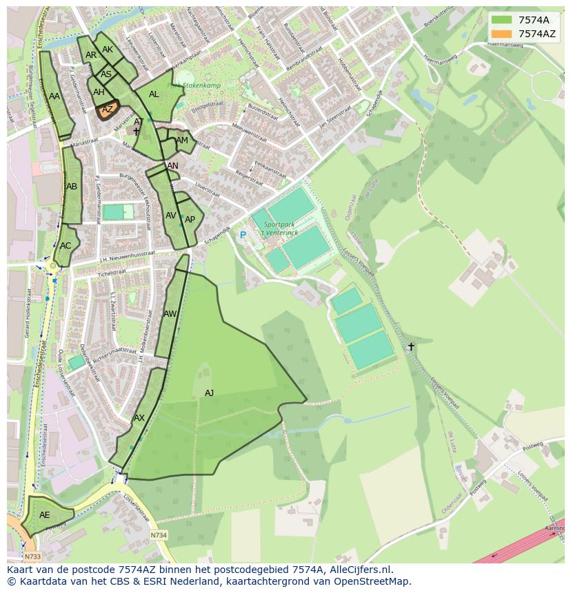 Afbeelding van het postcodegebied 7574 AZ op de kaart.