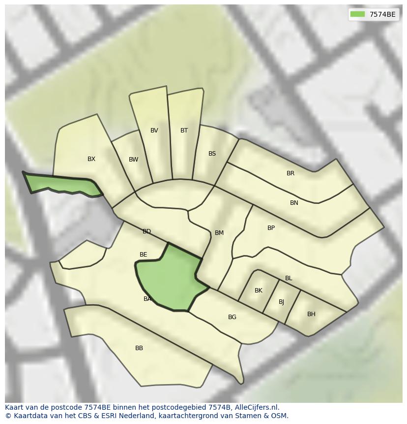 Afbeelding van het postcodegebied 7574 BE op de kaart.