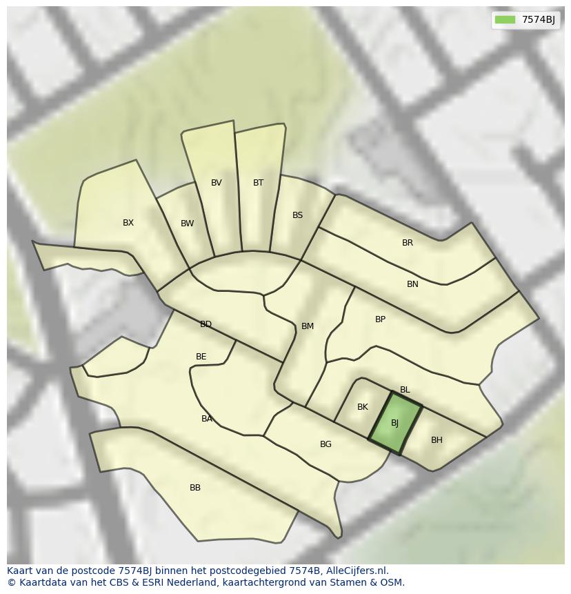 Afbeelding van het postcodegebied 7574 BJ op de kaart.