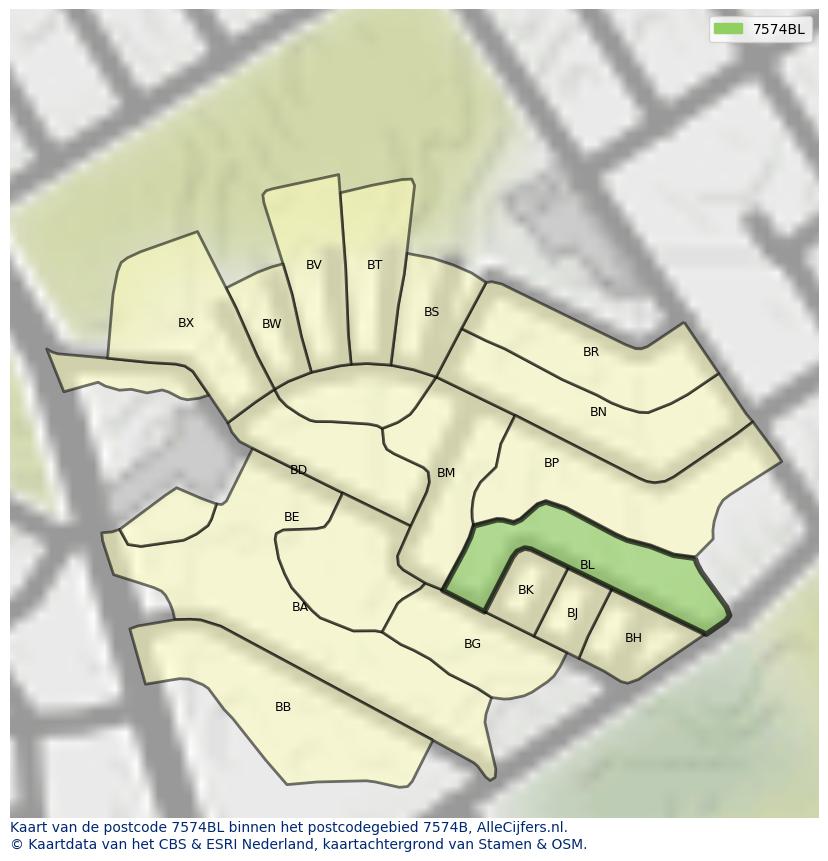 Afbeelding van het postcodegebied 7574 BL op de kaart.