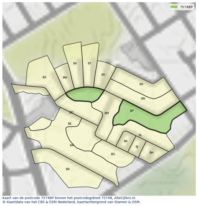 Afbeelding van het postcodegebied 7574 BP op de kaart.