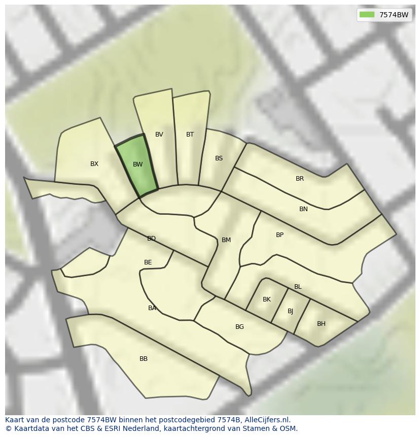 Afbeelding van het postcodegebied 7574 BW op de kaart.