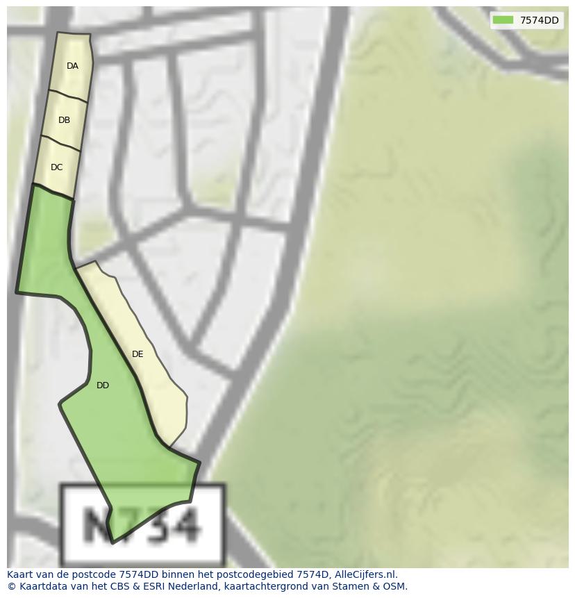 Afbeelding van het postcodegebied 7574 DD op de kaart.