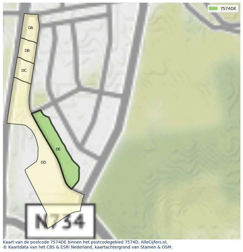 Afbeelding van het postcodegebied 7574 DE op de kaart.