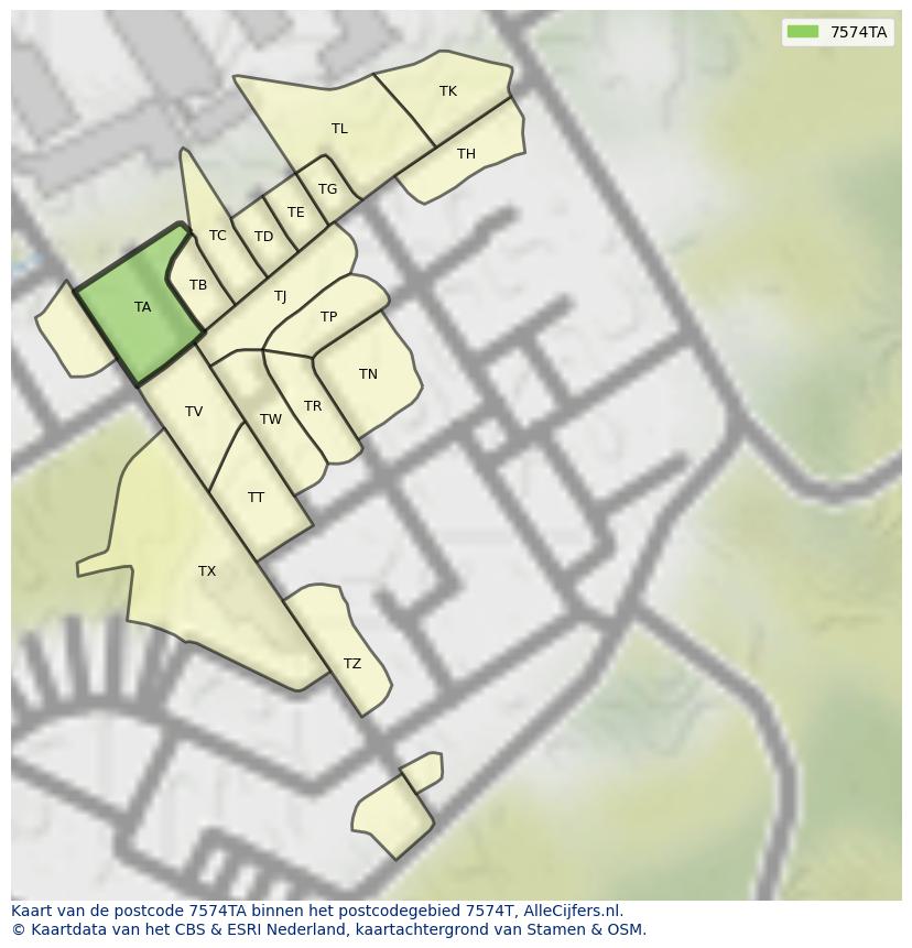 Afbeelding van het postcodegebied 7574 TA op de kaart.