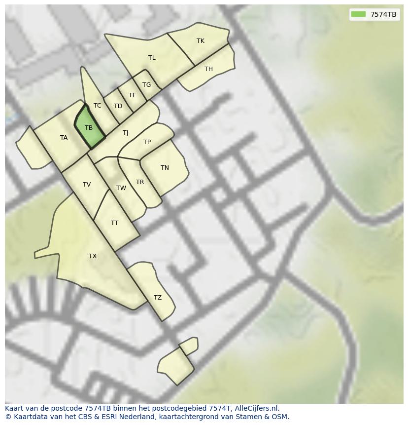 Afbeelding van het postcodegebied 7574 TB op de kaart.