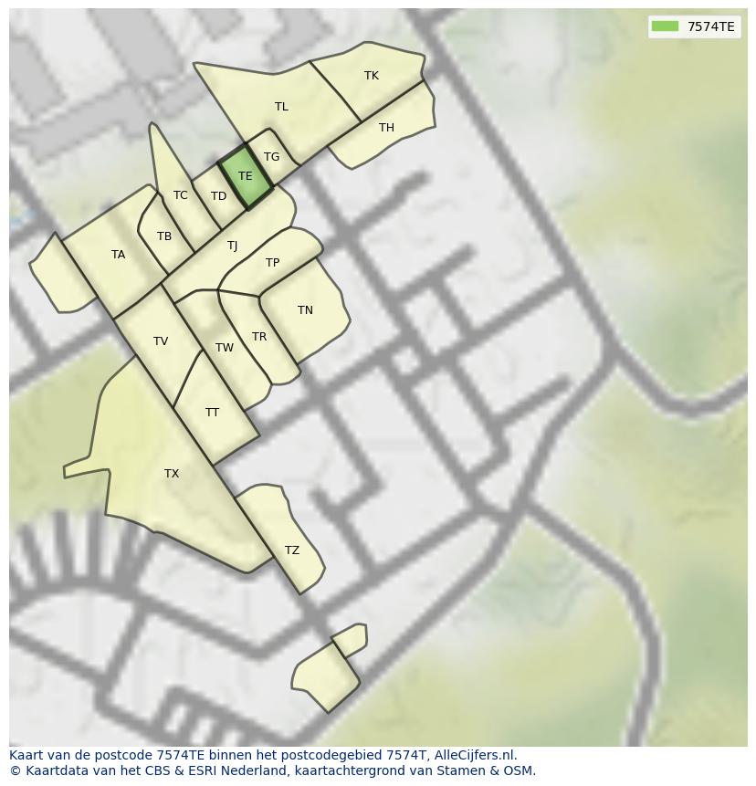 Afbeelding van het postcodegebied 7574 TE op de kaart.