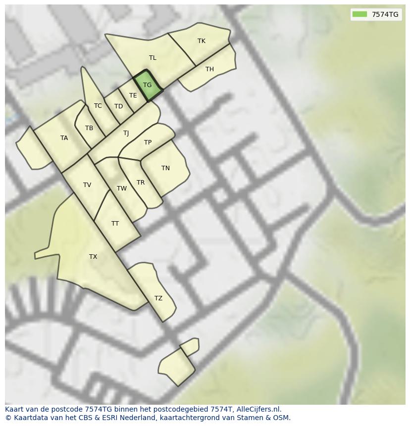 Afbeelding van het postcodegebied 7574 TG op de kaart.